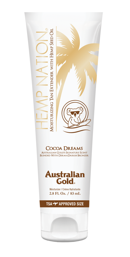 Australian Gold Hemp Nation TRAVEL SIZE Cocoa Dreams 83ml mitrinošs losjons ar DermaDark bronzeriem