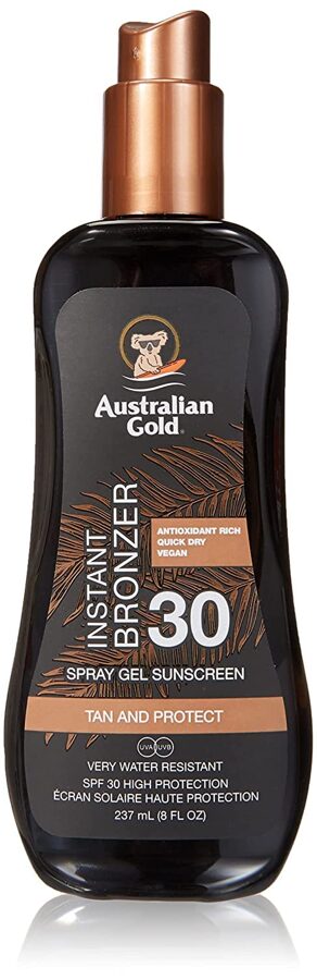 Australian Gold SPF30 Spray Gel ar bronzeri 237ml saules aizsargfiltrs UVA/UVB