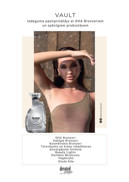 Devoted Creations Vault Iedeguma pastiprinātājs ar DHA bronzeriem un spēcīgiem probiotiķiem. 