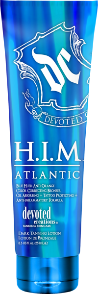 Devoted Creations H.I.M. Atlantic Zili ietonēts sauļošanās losjons ar DHA bronzeriem un maisījumu, kas novērš oranžīgo toņu veidošanos