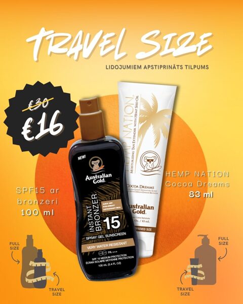 KOMPLEKTS CEĻOJUMAM SPF15 Spray Gel ar bronzeri 100ml un Hemp Nation Travel size Cocoa Dreams 83ml