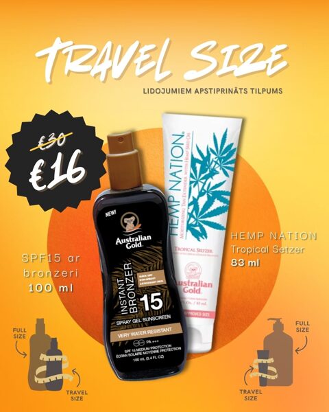 KOMPLEKTS CEĻOJUMAM SPF15 Spray Gel ar bronzeri 100ml un Hemp Nation Travel size Tropical Seltzer 83ml