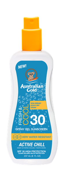 JAUNUMS! SPF30 ACTIVE CHILL Spray Gel 237ml izsmidzināms gēls ar atvēsinošu iedarbību Australian Gold