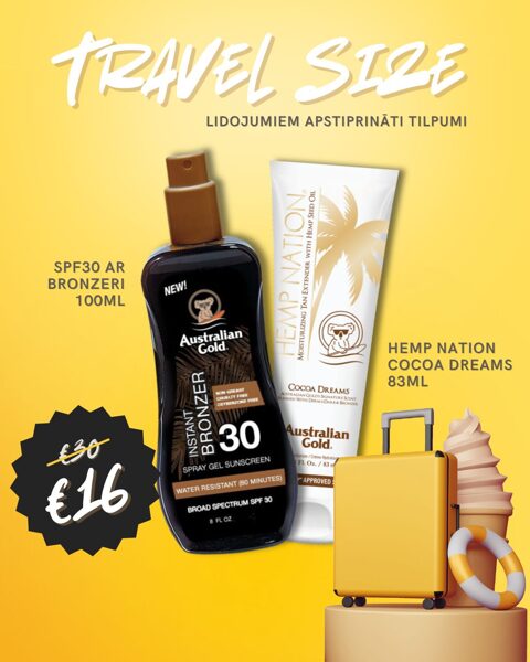 KOMPLEKTS CEĻOJUMAM SPF30 Spray Gel ar bronzeri 100ml un Hemp Nation Travel size Cocoa Dreams 83ml